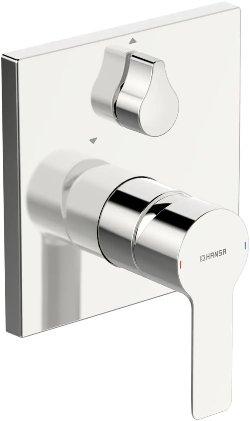 Einhebelmischer für Wanne/Brause in Chromoptik mit quadratischer Rosette und zwei Bedienelementen, gefertigt von HANSA.